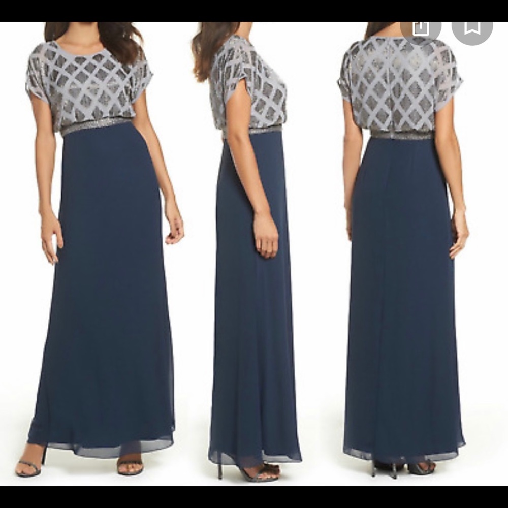 Adrianna Papell Beaded Blouson Gown silver/navy